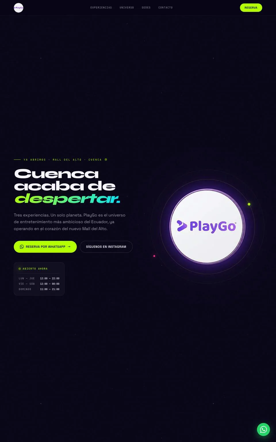 Web de PlayGo Entertainment con reserva por WhatsApp